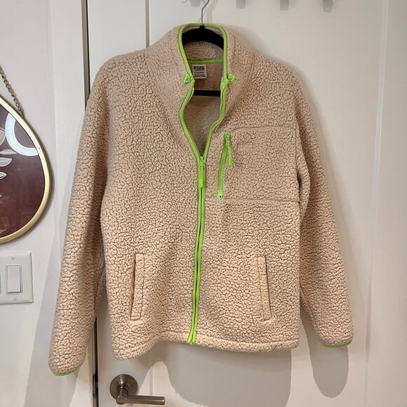 Victoria Secret PINK Cream and Neon Green Trim Sherpa Full Zip Jacket Size Small - Picture 2 of 9